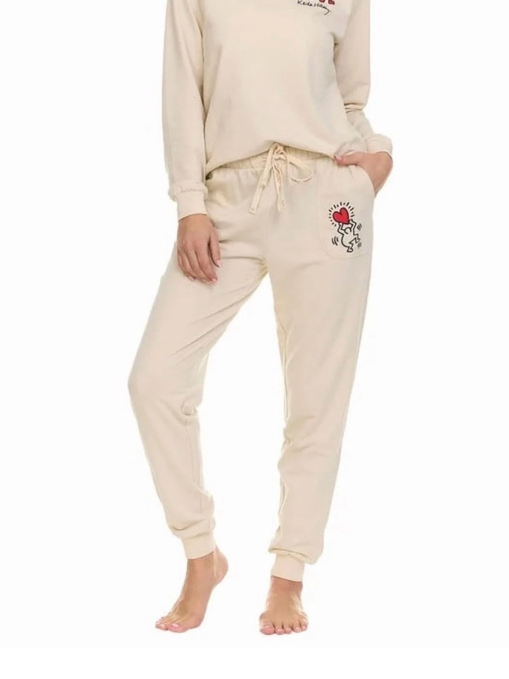 Keith Haring Ivory Fleece Heart Graphic Joggers Lounge Streetwear